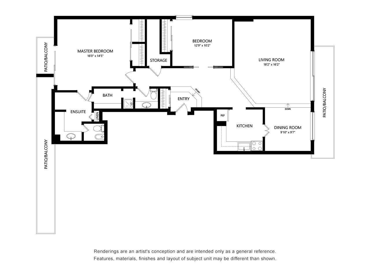 Floor plan for 2 beds, 2 baths, 1376 sqft